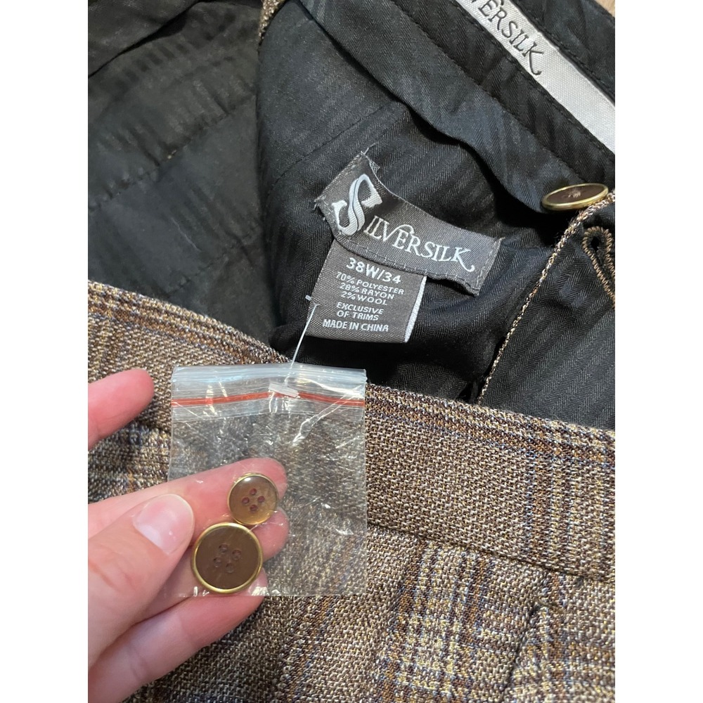 SilverSilk Mens Brown Plaid Dress Pants 38x34 Flat Front Trousers NWT - Picture 5 of 8